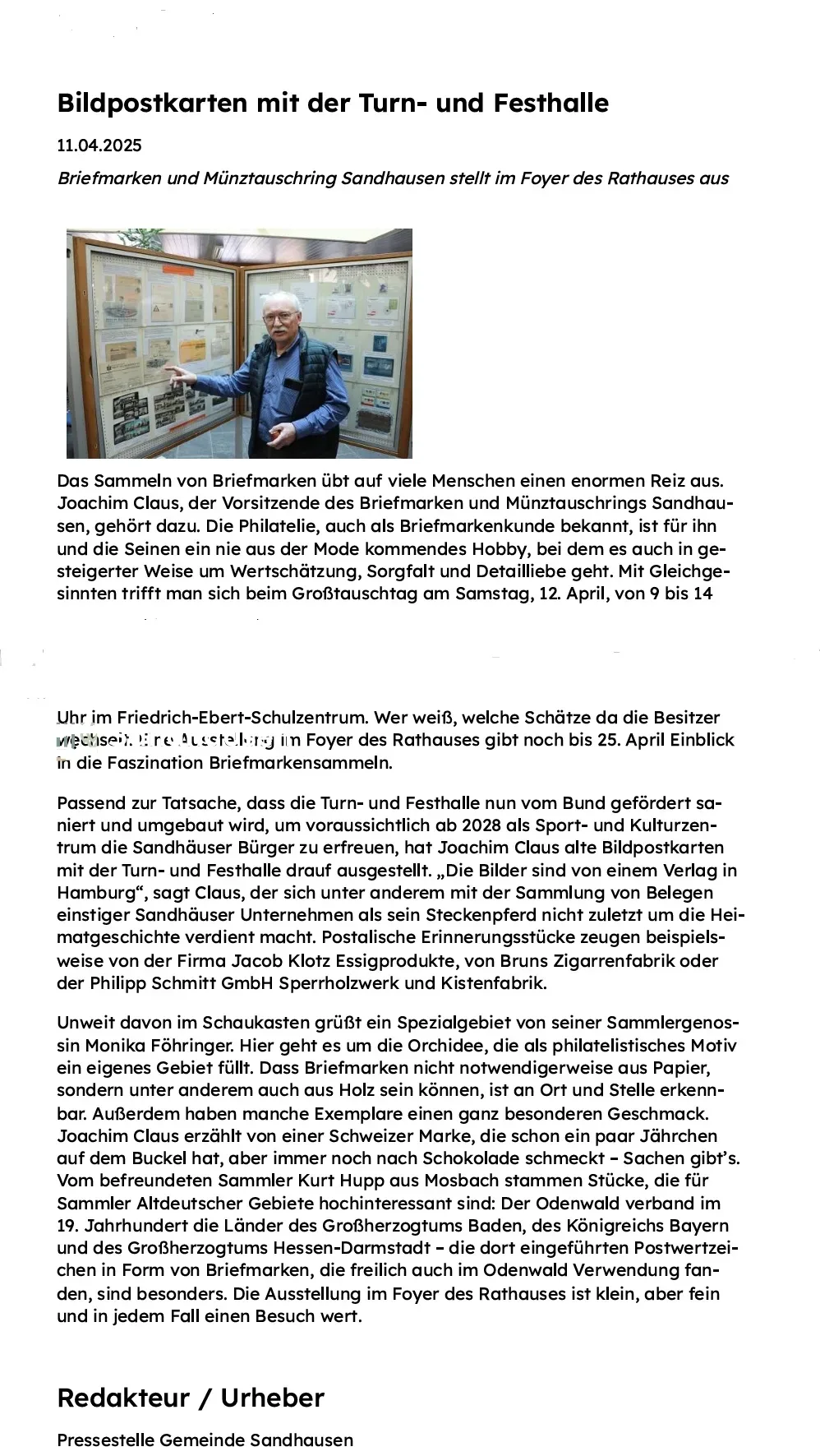 Das Dokument behandelt die Ausstellung von Bildpostkarten der Turn- und Festhalle Sandhausen