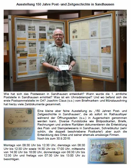 Die Ausstellung „150 Jahre Post- und Zeitgeschichte in Sandhausen“ wurde am 12. September 2016 im Rathausfoyer in Sandhausen eröffnet.