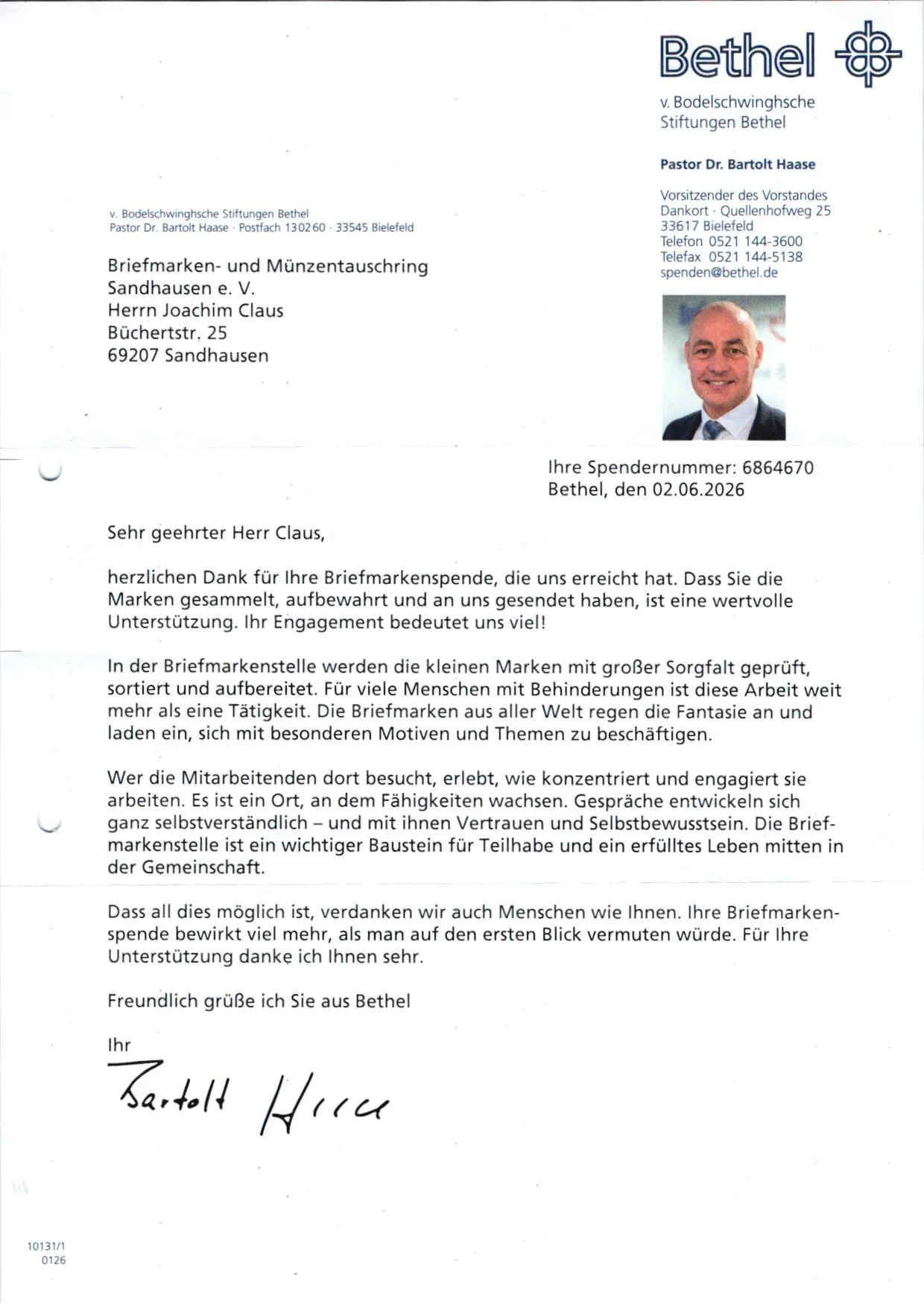 Dankesschreiben Bethel
