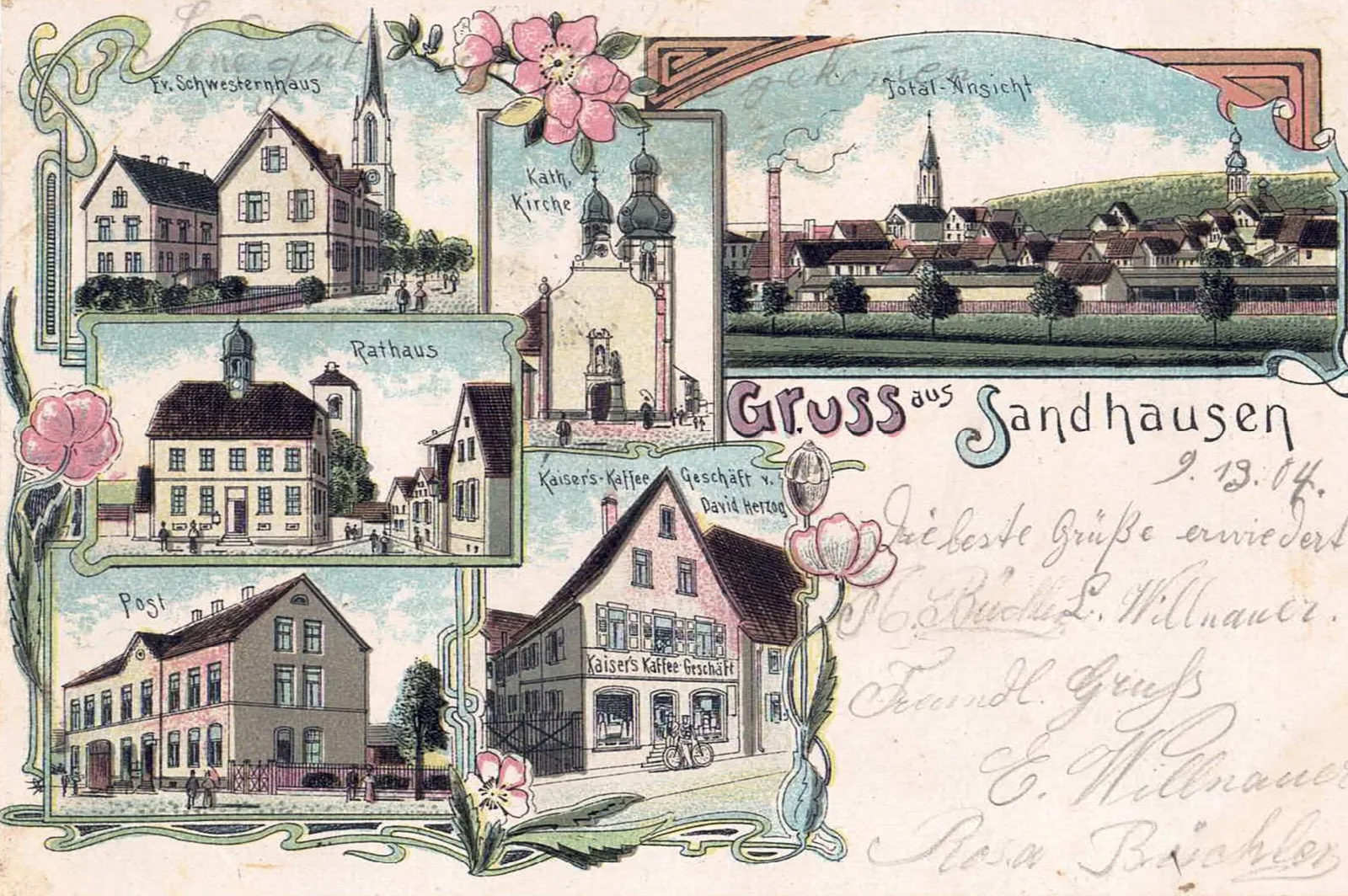 eine alte Postkarte mit Motiven aus Sandhausen